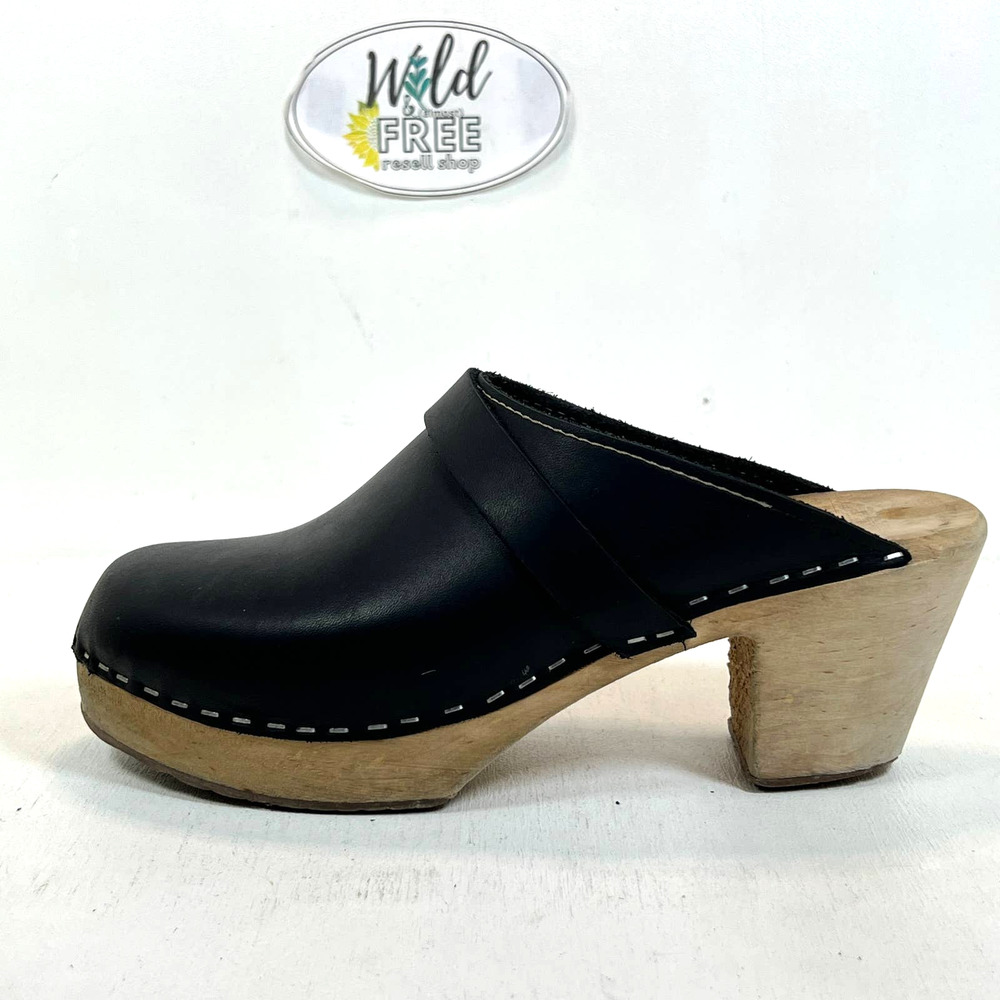 Old School Wooden Mid Heel Clog mule Platform shoe- Black leather -Women 38